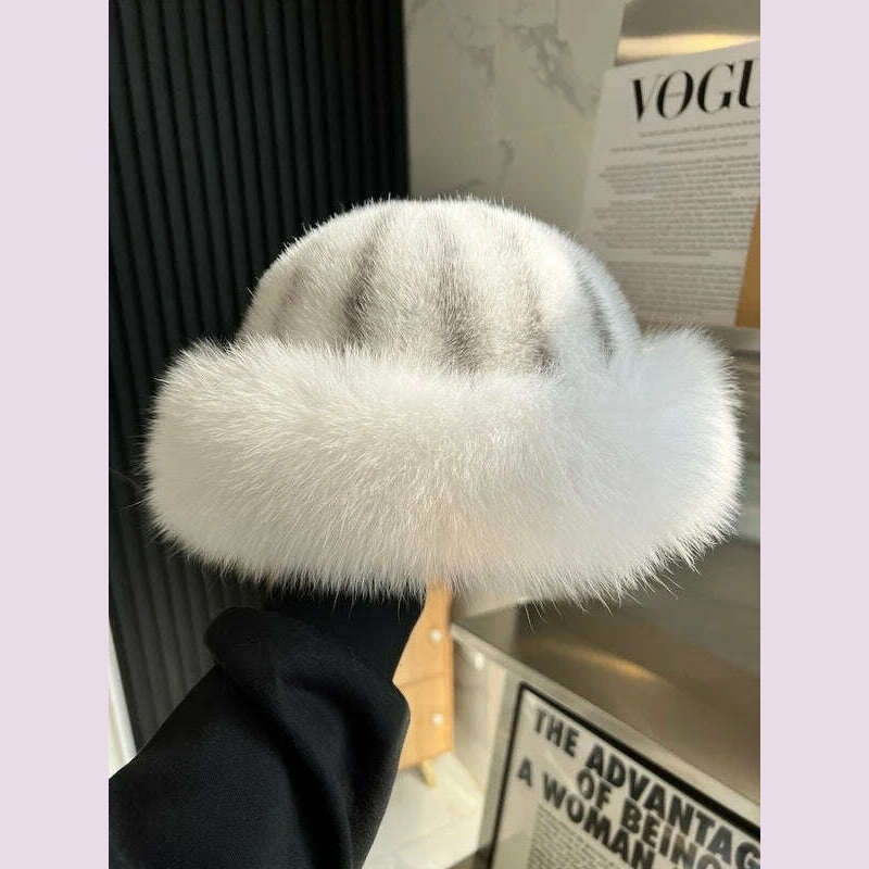 Real Mink Fur Hat For Women Winter Natural Mink Fur Hat With Fox Fur Brim Female Fashion Fisherman Hat Thicked Fur Bomber Hats - KIMLUD