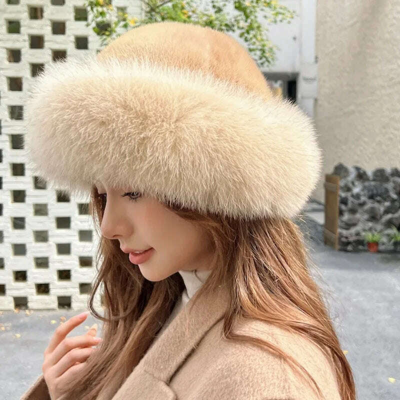 Real Mink Fur Hat For Women Winter Natural Mink Fur Hat With Fox Fur Brim Female Fashion Fisherman Hat Thicked Fur Bomber Hats - KIMLUD