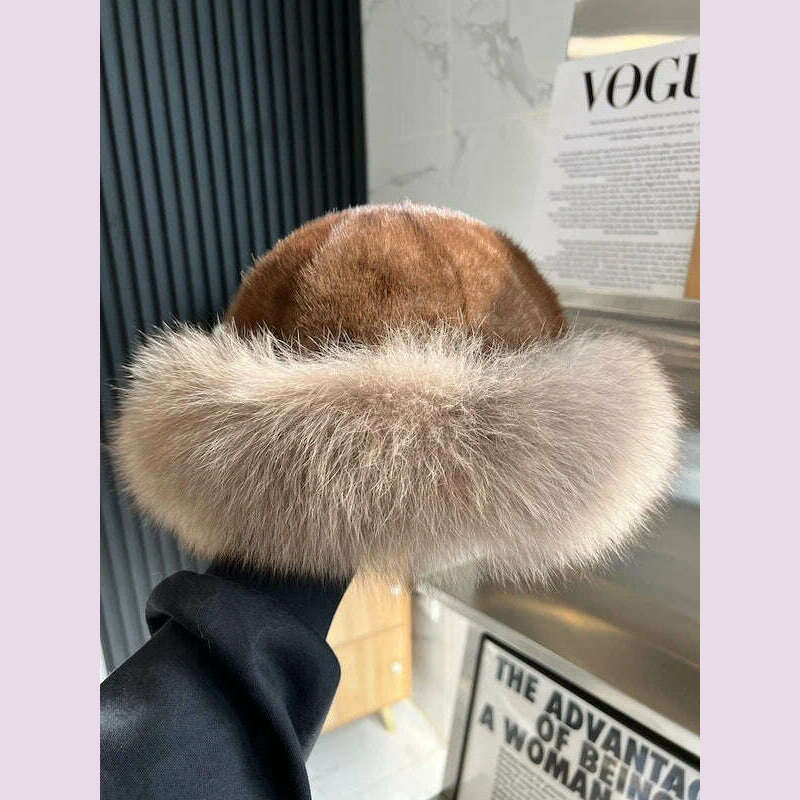 Real Mink Fur Hat For Women Winter Natural Mink Fur Hat With Fox Fur Brim Female Fashion Fisherman Hat Thicked Fur Bomber Hats - KIMLUD