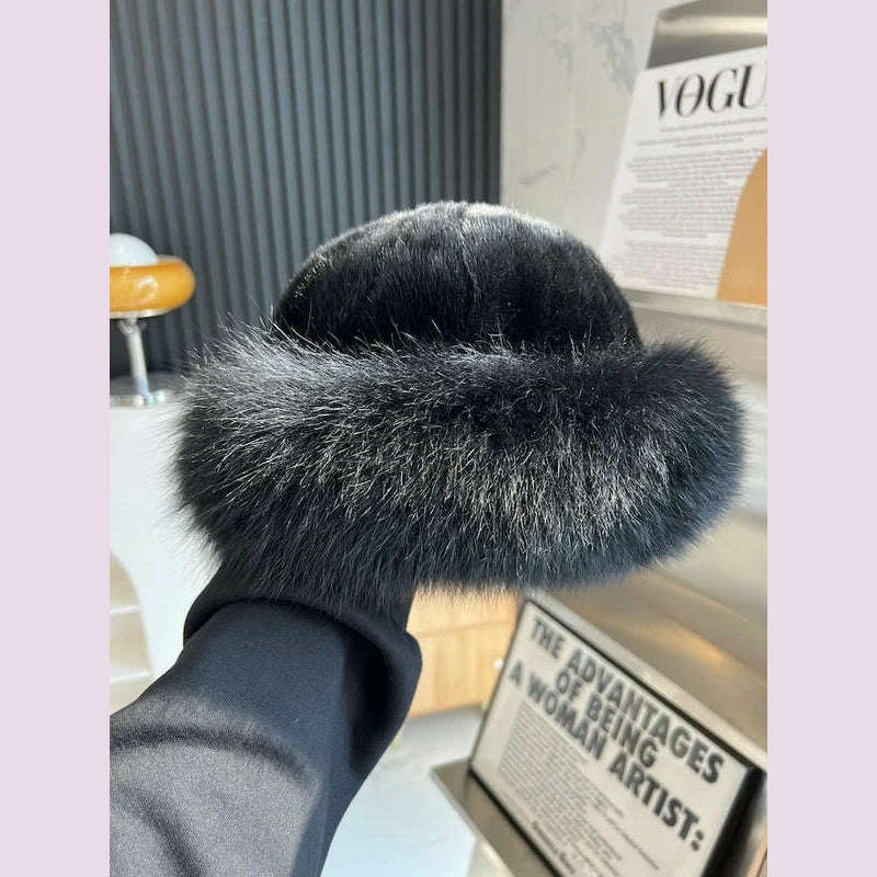 Real Mink Fur Hat For Women Winter Natural Mink Fur Hat With Fox Fur Brim Female Fashion Fisherman Hat Thicked Fur Bomber Hats - KIMLUD
