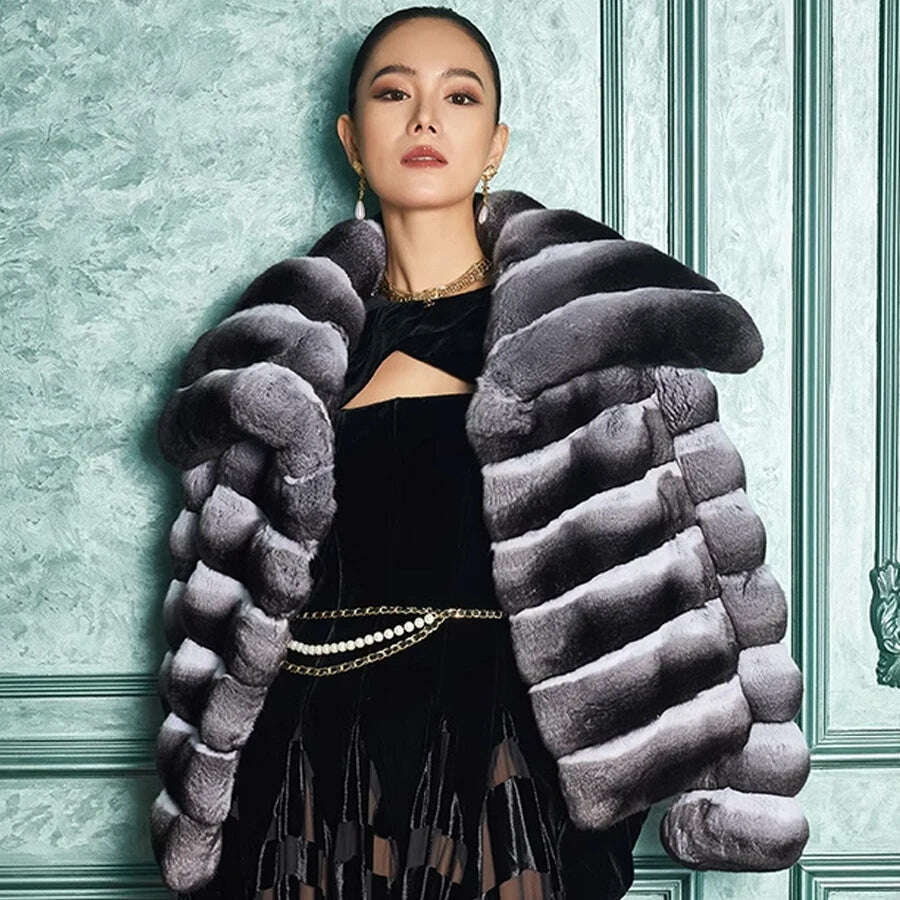KIMLUD, Real Rex Rabbit Fur Coat Chinchilla Jacket Short Fur Coat With Lapel Luxury Winter Natural Fur Coat, KIMLUD Womens Clothes