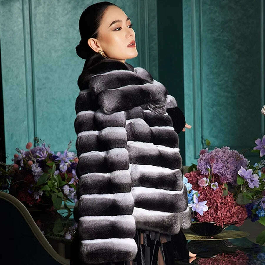 KIMLUD, Real Rex Rabbit Fur Coat Chinchilla Jacket Short Fur Coat With Lapel Luxury Winter Natural Fur Coat, KIMLUD Womens Clothes