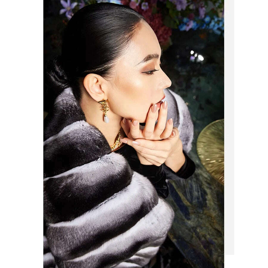 KIMLUD, Real Rex Rabbit Fur Coat Chinchilla Jacket Short Fur Coat With Lapel Luxury Winter Natural Fur Coat, KIMLUD Womens Clothes