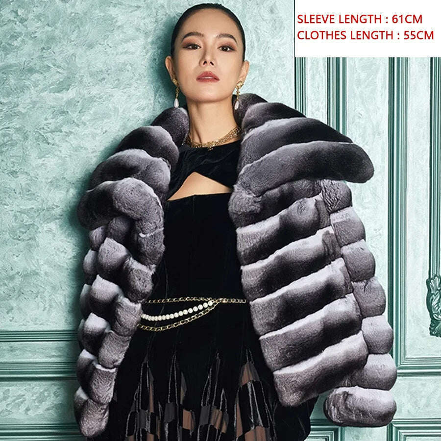 KIMLUD, Real Rex Rabbit Fur Coat Chinchilla Jacket Short Fur Coat With Lapel Luxury Winter Natural Fur Coat, 1 / XS-BUST-90CM, KIMLUD APPAREL - Womens Clothes