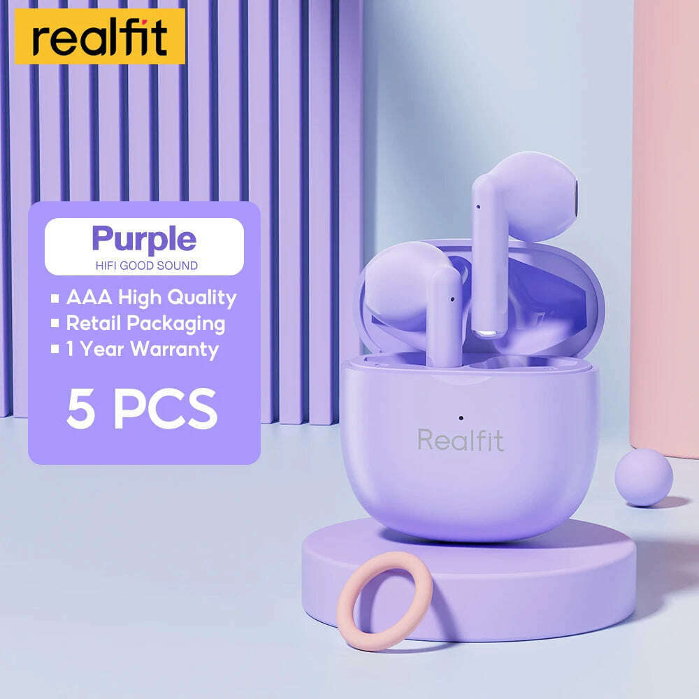 KIMLUD, Realfit F1 Bluetooth Earphone Excellent HIFI Quality TWS Wireless Earbuds Wholesale for Lenovo LP40 GM2 Pro Xiaomi realme, 5 PCS Purple, KIMLUD APPAREL - Womens Clothes