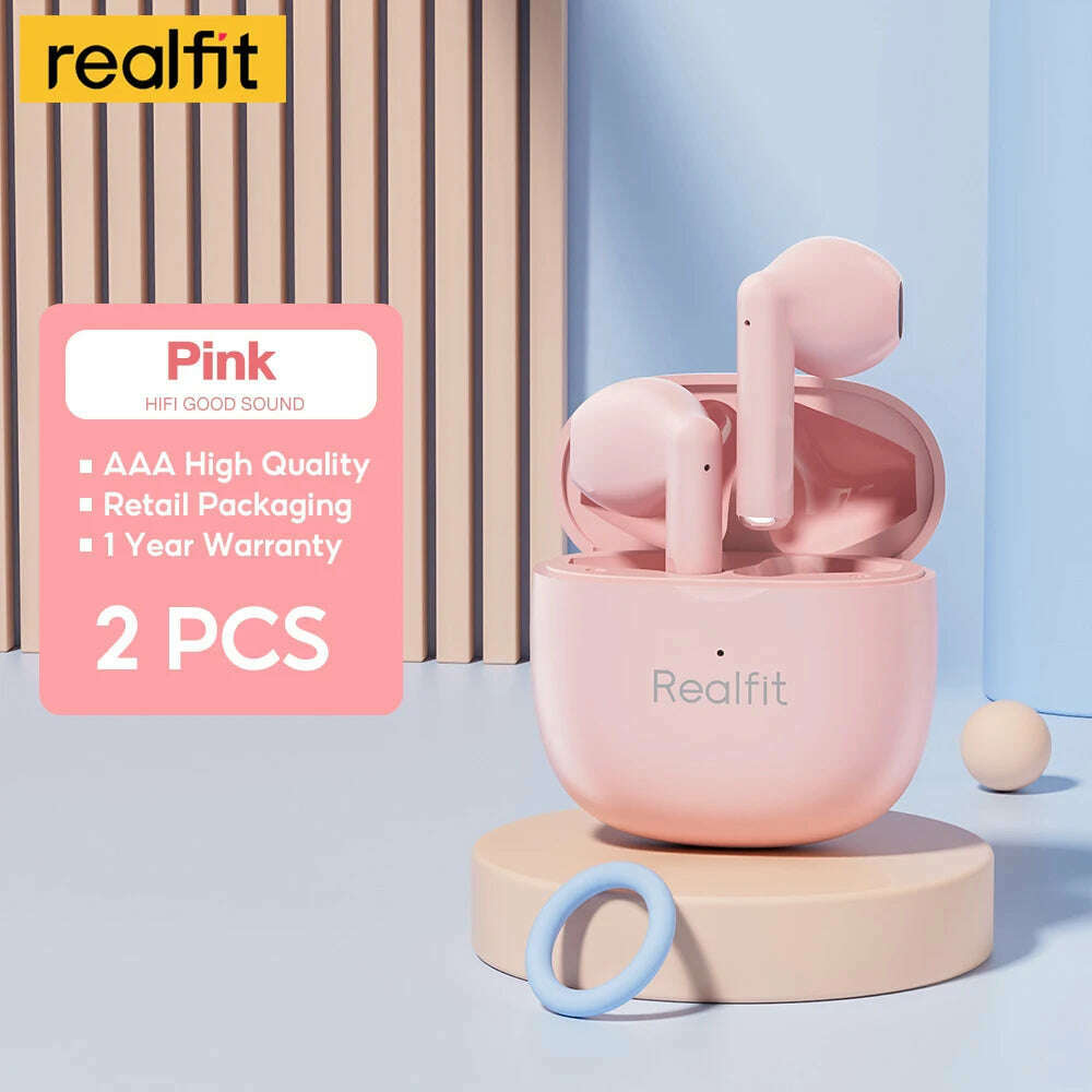 KIMLUD, Realfit F1 Bluetooth Earphone Excellent HIFI Quality TWS Wireless Earbuds Wholesale for Lenovo LP40 GM2 Pro Xiaomi realme, 2 PCS Pink, KIMLUD APPAREL - Womens Clothes
