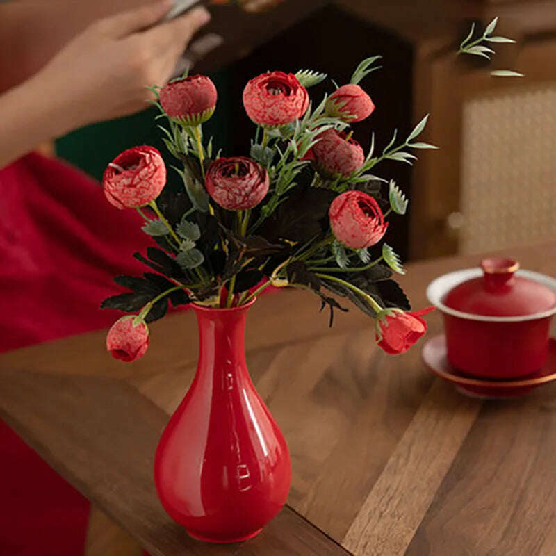 Red Decor Vase Creativity Desktop Ceramic Vase for Home Living Room Office Chinese Traditional Wedding Decoration Souvenir Gift - KIMLUD