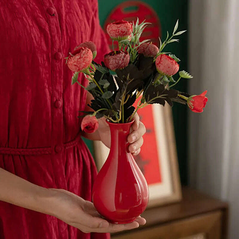 Red Decor Vase Creativity Desktop Ceramic Vase for Home Living Room Office Chinese Traditional Wedding Decoration Souvenir Gift - KIMLUD