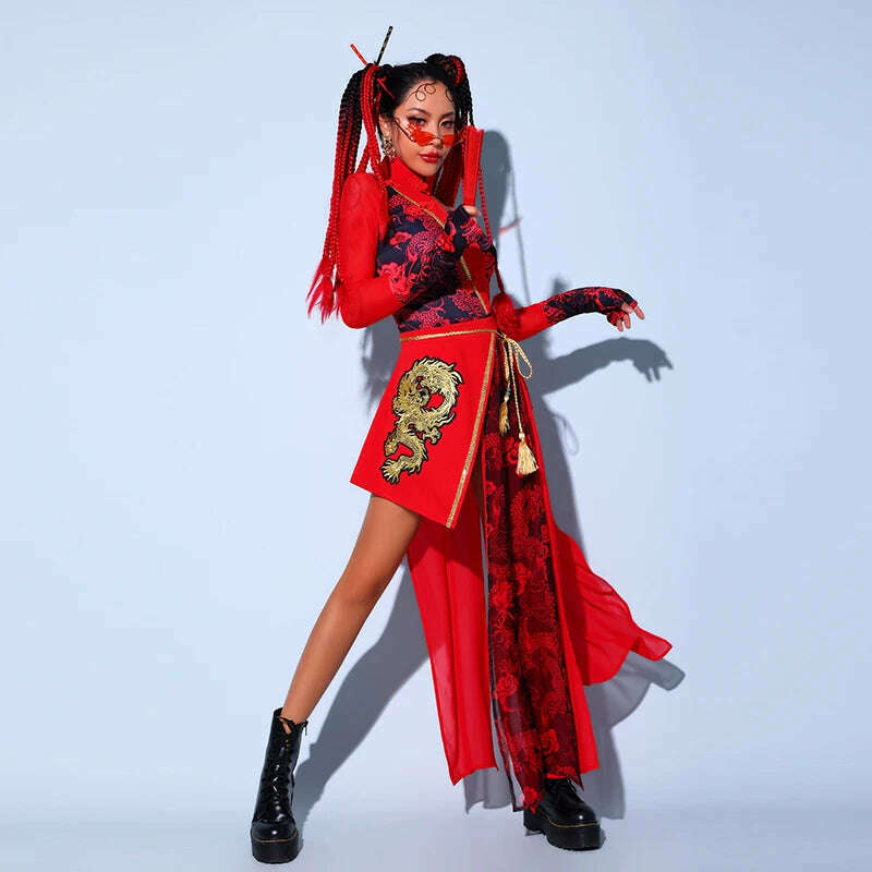KIMLUD, Red Festival Outfits Hip Hop Clothes For Adults Gogo Dance Stage Costumes Chinese Style Women'S Jazz Performance Clothes, KIMLUD Womens Clothes