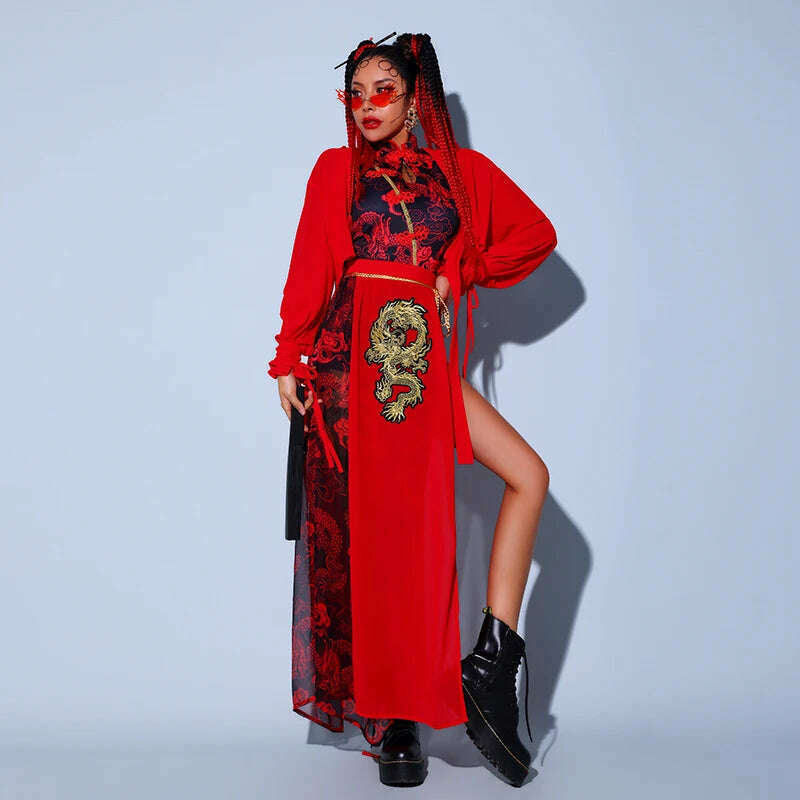 KIMLUD, Red Festival Outfits Hip Hop Clothes For Adults Gogo Dance Stage Costumes Chinese Style Women'S Jazz Performance Clothes, KIMLUD Womens Clothes