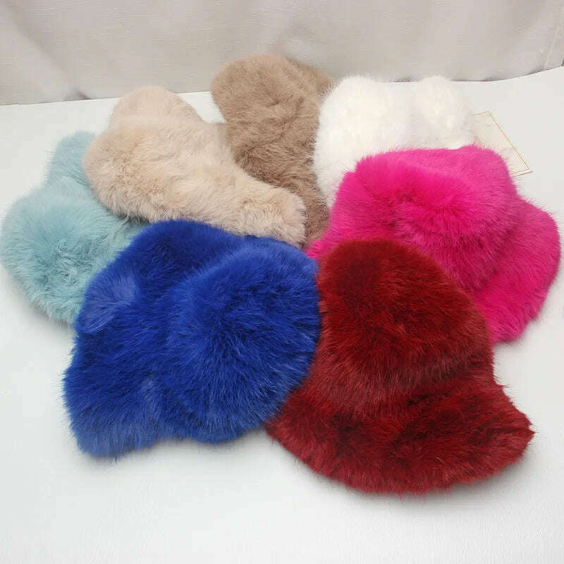 KIMLUD, Red plush Bucket hat women's elegant autumn and winter fur bamboo hat Korean version advanced thermal cap cap 2023 large size, KIMLUD Womens Clothes