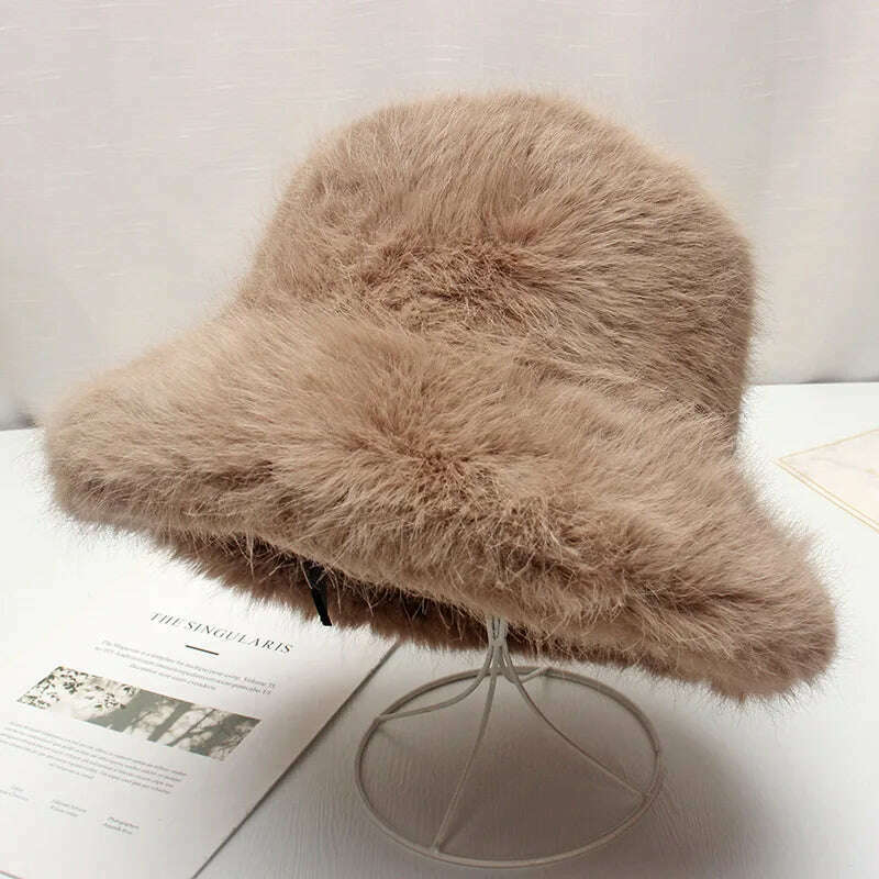 KIMLUD, Red plush Bucket hat women's elegant autumn and winter fur bamboo hat Korean version advanced thermal cap cap 2023 large size, 25 / 58-60cm / CHINA, KIMLUD APPAREL - Womens Clothes