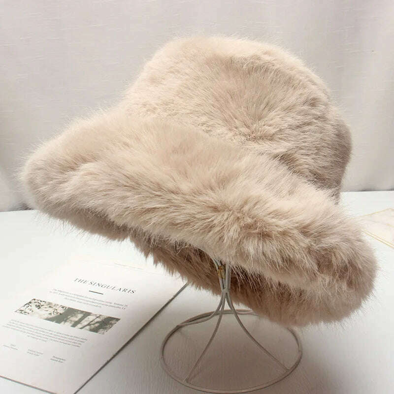 KIMLUD, Red plush Bucket hat women's elegant autumn and winter fur bamboo hat Korean version advanced thermal cap cap 2023 large size, 27 / 58-60cm / CHINA, KIMLUD APPAREL - Womens Clothes