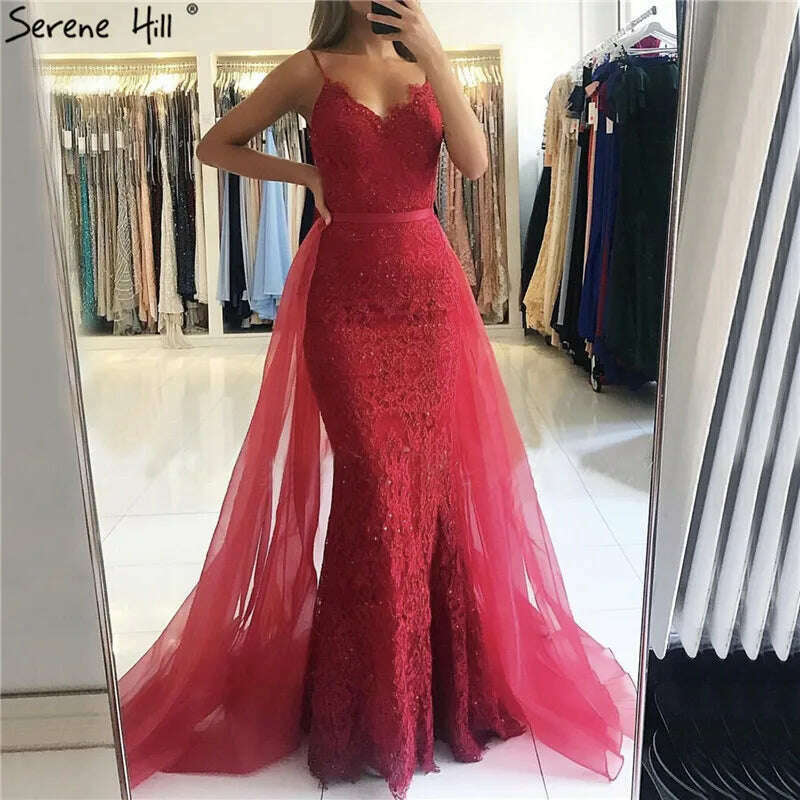 KIMLUD, Red Sling Lace Beading Mermaid Prom Dresses 2023 Sexy Sleeveless V-Neck Tulle Prom Gowns Serene Hill BLA70064, KIMLUD Women's Clothes