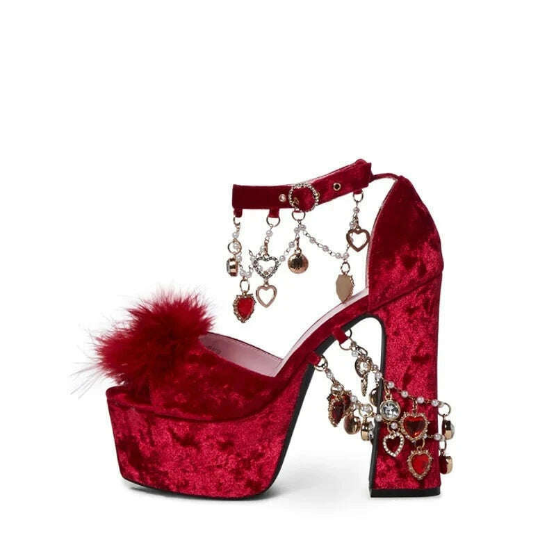 Red Suede Platform High Heel Sandals Crystal Gemstones Chain Plush Decor Buckle Roman Sandals Sweet Sexy Lady Nightclub Shoes - KIMLUD