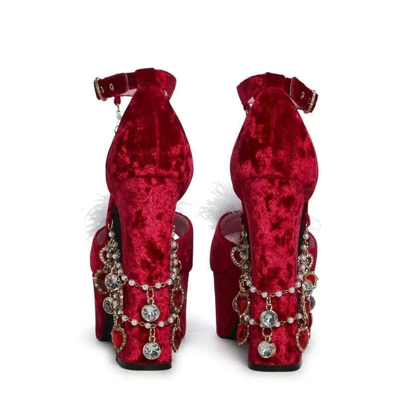 Red Suede Platform High Heel Sandals Crystal Gemstones Chain Plush Decor Buckle Roman Sandals Sweet Sexy Lady Nightclub Shoes - KIMLUD