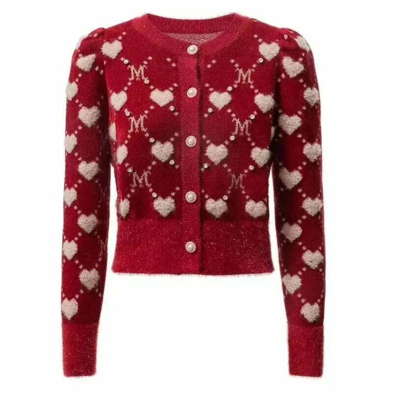 KIMLUD, Red Vintage Love Argyle Jacquard Diamonds Knitted Cardigan Sweater Women Autumn Slim Long Sleeve Knitwear Crop Top Coat Jumper, KIMLUD Womens ClothesKIMLUD, Red Vintage Love Argyle Jacquard Diamonds Knitted Cardigan Sweater Women Autumn Slim Long Sleeve Knitwear Crop Top Coat Jumper, Red / One Size, KIMLUD APPAREL - Womens Clothes