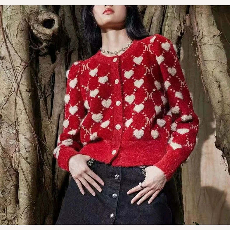 KIMLUD, Red Vintage Love Argyle Jacquard Diamonds Knitted Cardigan Sweater Women Autumn Slim Long Sleeve Knitwear Crop Top Coat Jumper, KIMLUD Womens Clothes