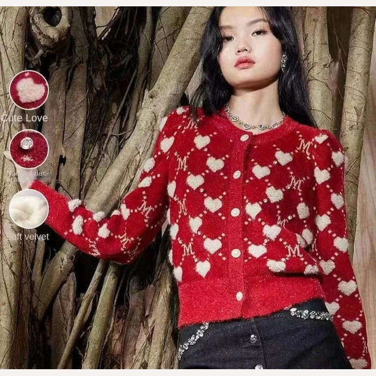 KIMLUD, Red Vintage Love Argyle Jacquard Diamonds Knitted Cardigan Sweater Women Autumn Slim Long Sleeve Knitwear Crop Top Coat Jumper, KIMLUD Womens Clothes