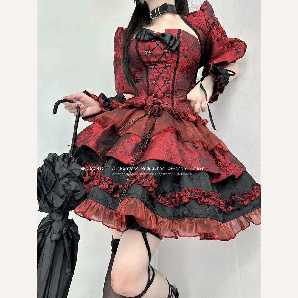 KIMLUD, REDDACHiC Goth Lolita OP Bow Lace-up Corset Top Puff Sleeves Jacket Ruffle Mini Cake Skirt Underskirt Victorian Women Dress Set, KIMLUD Womens Clothes