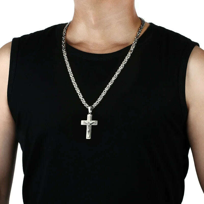KIMLUD, Religious Men Stainless Steel Crucifix Cross Pendant Necklace Heavy Byzantine Chain Necklaces Jesus Christ Holy Jewelry Gifts, KIMLUD Womens Clothes