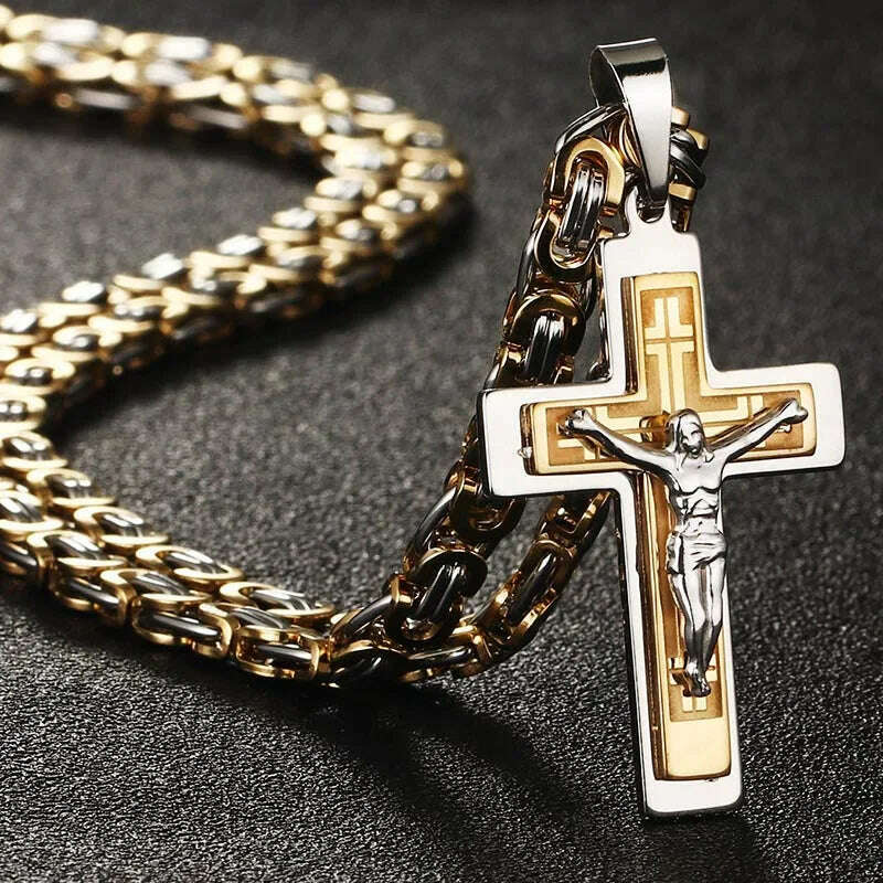 KIMLUD, Religious Men Stainless Steel Crucifix Cross Pendant Necklace Heavy Byzantine Chain Necklaces Jesus Christ Holy Jewelry Gifts, KIMLUD Womens Clothes