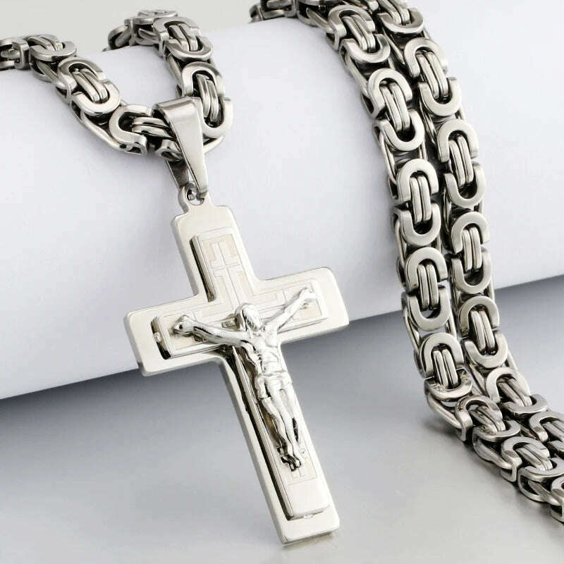 KIMLUD, Religious Men Stainless Steel Crucifix Cross Pendant Necklace Heavy Byzantine Chain Necklaces Jesus Christ Holy Jewelry Gifts, KIMLUD Womens Clothes