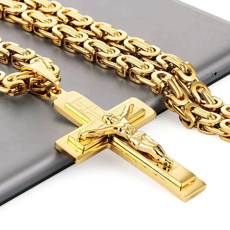 KIMLUD, Religious Men Stainless Steel Crucifix Cross Pendant Necklace Heavy Byzantine Chain Necklaces Jesus Christ Holy Jewelry Gifts, KIMLUD Womens Clothes