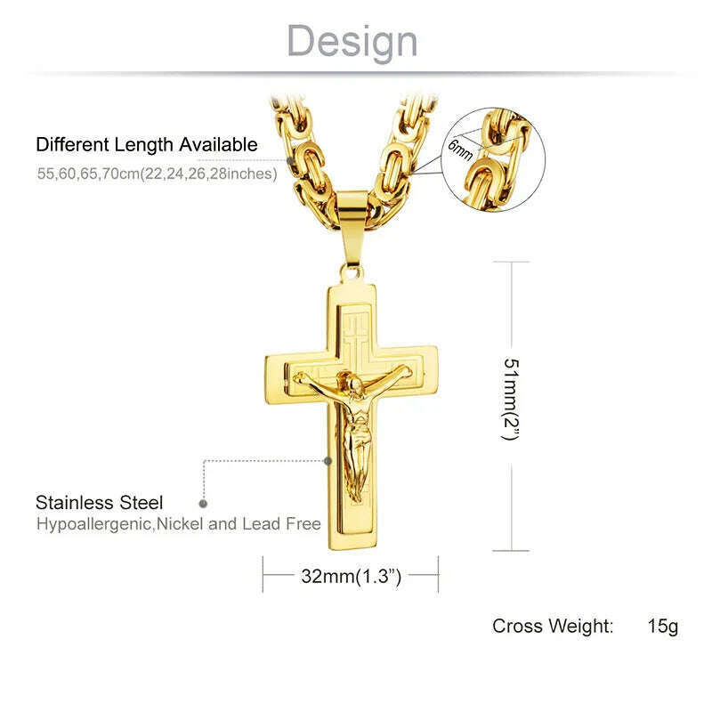KIMLUD, Religious Men Stainless Steel Crucifix Cross Pendant Necklace Heavy Byzantine Chain Necklaces Jesus Christ Holy Jewelry Gifts, KIMLUD Womens Clothes