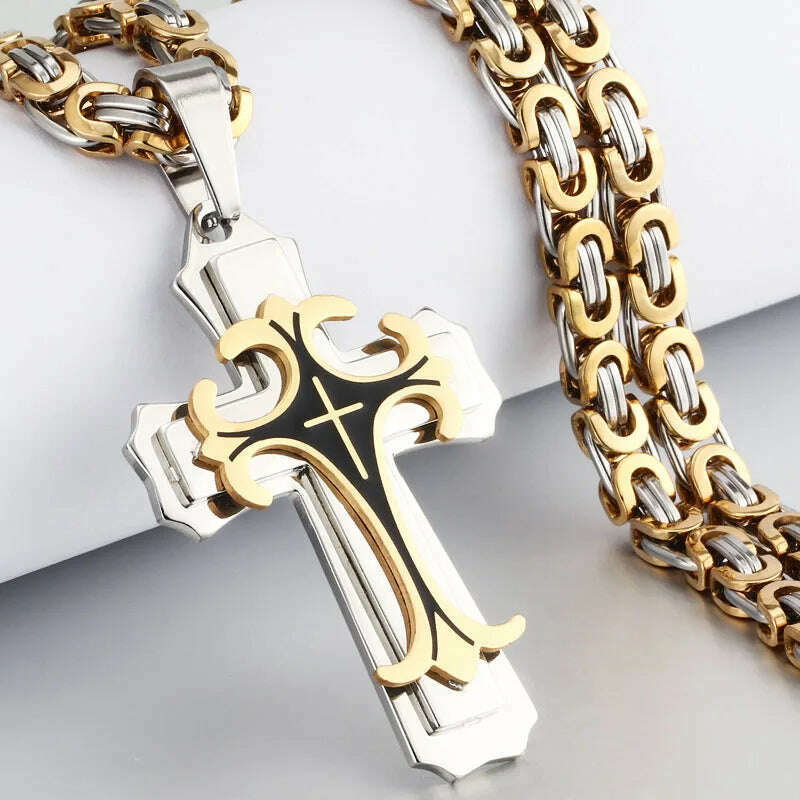 KIMLUD, Religious Men Stainless Steel Crucifix Cross Pendant Necklace Heavy Byzantine Chain Necklaces Jesus Christ Holy Jewelry Gifts, KIMLUD Womens Clothes