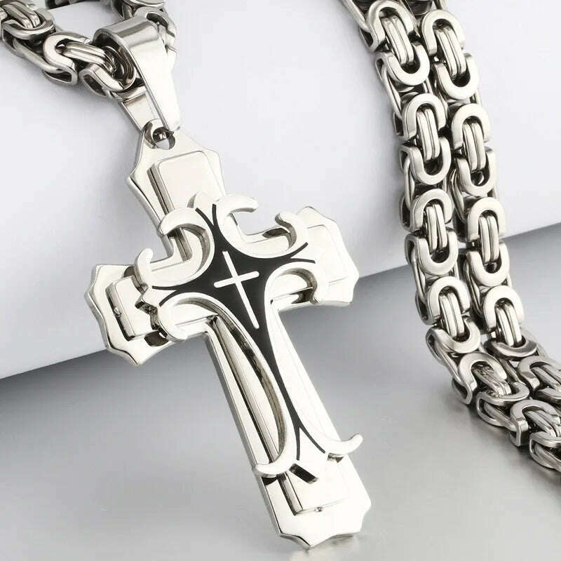KIMLUD, Religious Men Stainless Steel Crucifix Cross Pendant Necklace Heavy Byzantine Chain Necklaces Jesus Christ Holy Jewelry Gifts, KIMLUD Womens Clothes