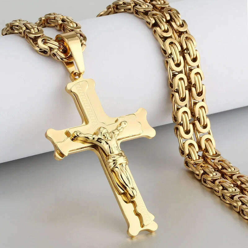 KIMLUD, Religious Men Stainless Steel Crucifix Cross Pendant Necklace Heavy Byzantine Chain Necklaces Jesus Christ Holy Jewelry Gifts, B-Gold Color / 60cm, KIMLUD APPAREL - Womens Clothes