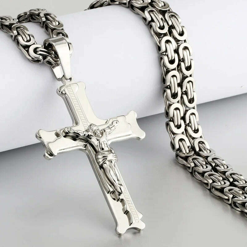 KIMLUD, Religious Men Stainless Steel Crucifix Cross Pendant Necklace Heavy Byzantine Chain Necklaces Jesus Christ Holy Jewelry Gifts, B-Silver Color / 60cm, KIMLUD APPAREL - Womens Clothes