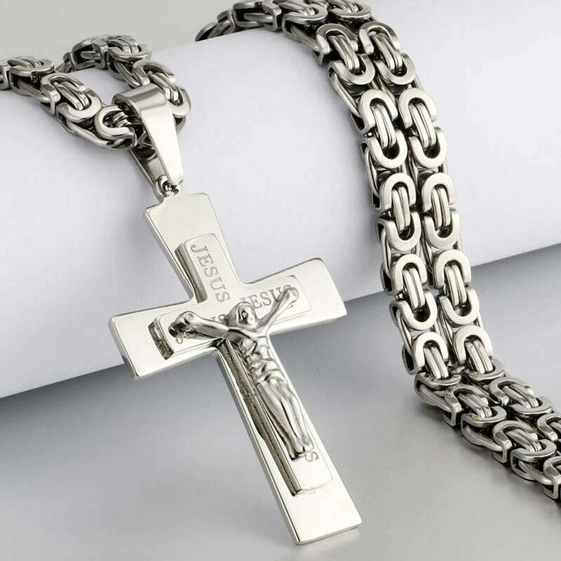 KIMLUD, Religious Men Stainless Steel Crucifix Cross Pendant Necklace Heavy Byzantine Chain Necklaces Jesus Christ Holy Jewelry Gifts, C-Silver Color / 60cm, KIMLUD APPAREL - Womens Clothes