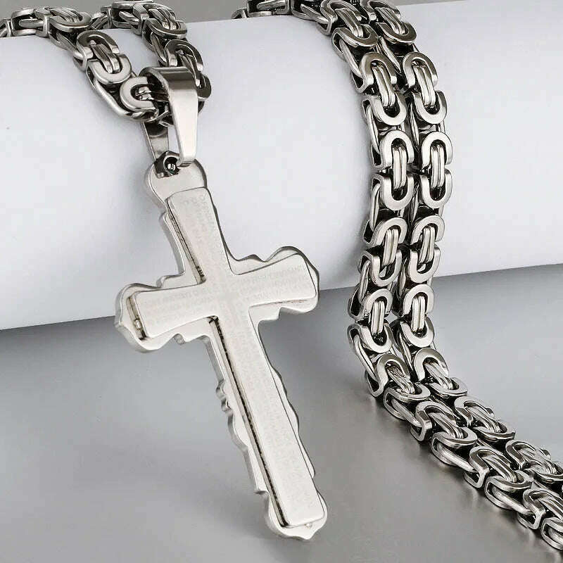 KIMLUD, Religious Men Stainless Steel Crucifix Cross Pendant Necklace Heavy Byzantine Chain Necklaces Jesus Christ Holy Jewelry Gifts, J-Silver Color / 60cm, KIMLUD APPAREL - Womens Clothes