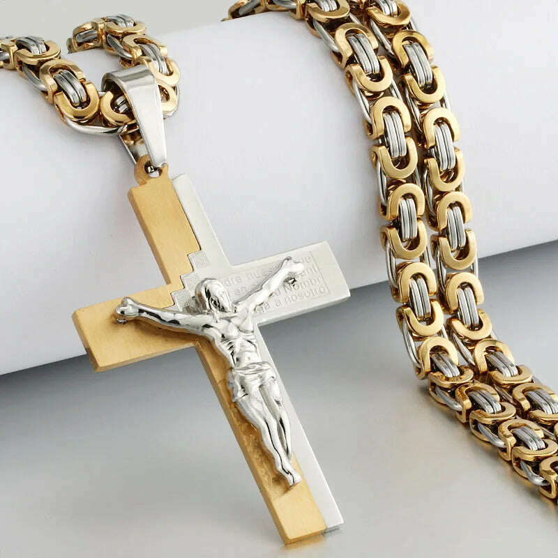 KIMLUD, Religious Men Stainless Steel Crucifix Cross Pendant Necklace Heavy Byzantine Chain Necklaces Jesus Christ Holy Jewelry Gifts, K-Gold Silver Tone / 60cm, KIMLUD APPAREL - Womens Clothes