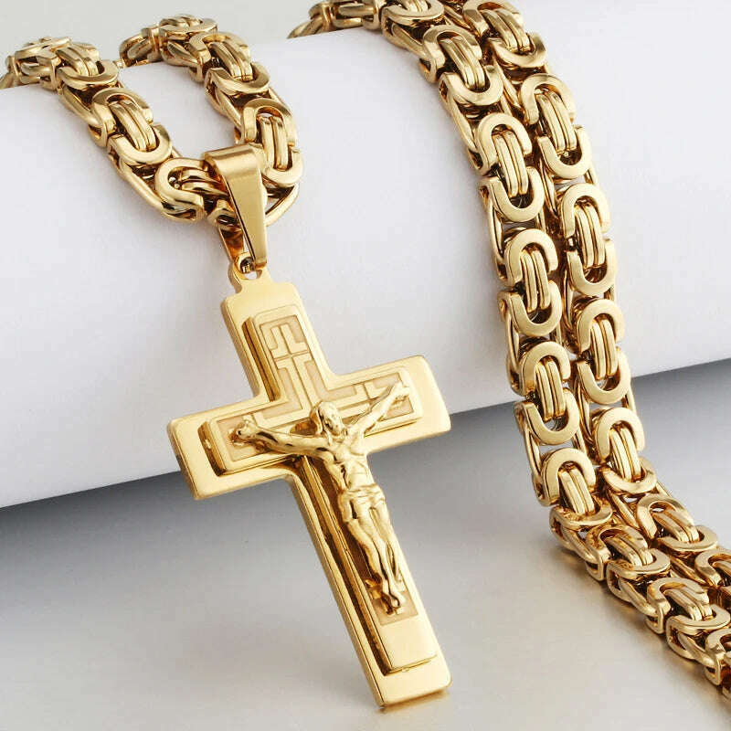 KIMLUD, Religious Men Stainless Steel Crucifix Cross Pendant Necklace Heavy Byzantine Chain Necklaces Jesus Christ Holy Jewelry Gifts, Gold Color / 60cm, KIMLUD APPAREL - Womens Clothes