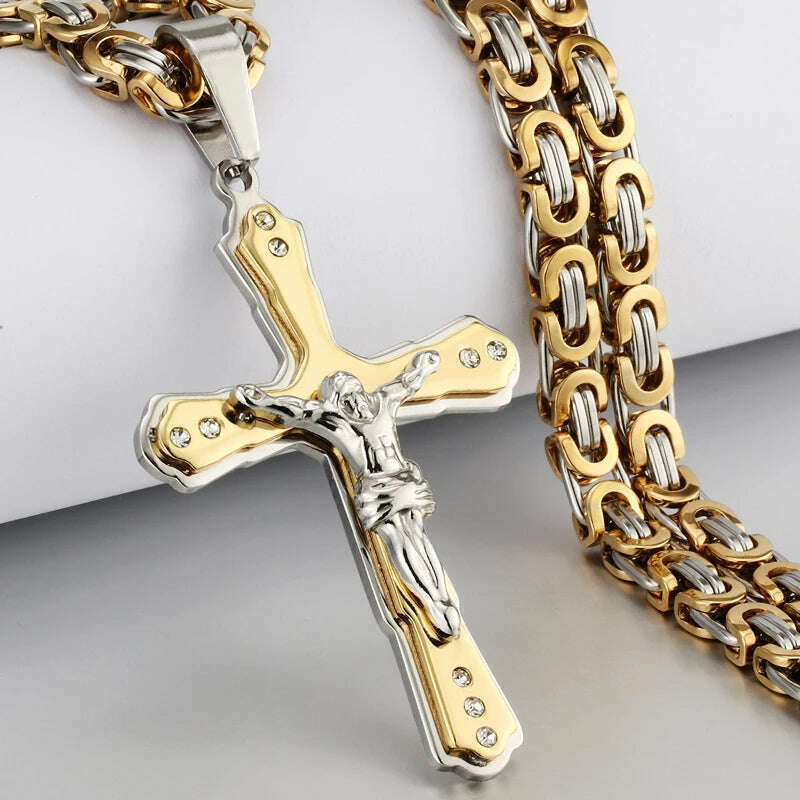 KIMLUD, Religious Men Stainless Steel Crucifix Cross Pendant Necklace Heavy Byzantine Chain Necklaces Jesus Christ Holy Jewelry Gifts, D-Gold Silver Tone / 60cm, KIMLUD APPAREL - Womens Clothes