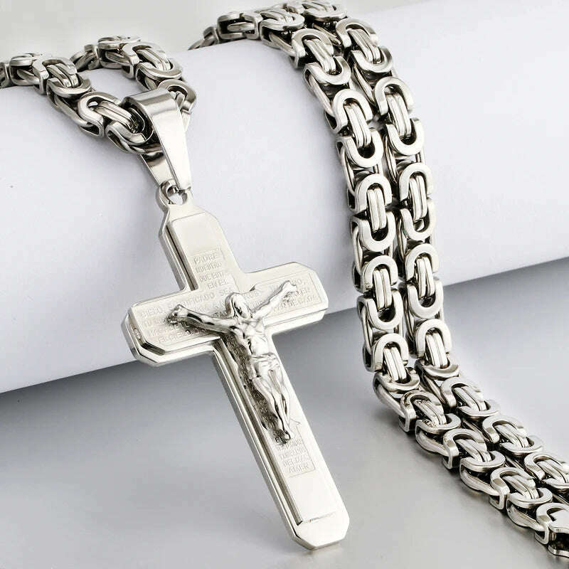 KIMLUD, Religious Men Stainless Steel Crucifix Cross Pendant Necklace Heavy Byzantine Chain Necklaces Jesus Christ Holy Jewelry Gifts, G-Silver Color / 60cm, KIMLUD APPAREL - Womens Clothes