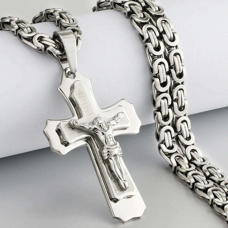 KIMLUD, Religious Men Stainless Steel Crucifix Cross Pendant Necklace Heavy Byzantine Chain Necklaces Jesus Christ Holy Jewelry Gifts, A-Silver Color / 60cm, KIMLUD APPAREL - Womens Clothes
