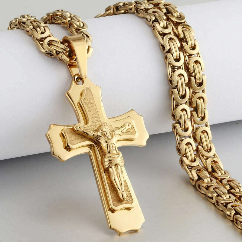 KIMLUD, Religious Men Stainless Steel Crucifix Cross Pendant Necklace Heavy Byzantine Chain Necklaces Jesus Christ Holy Jewelry Gifts, A-Gold Color / 60cm, KIMLUD APPAREL - Womens Clothes