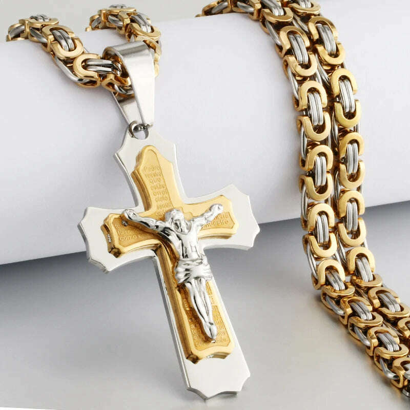 KIMLUD, Religious Men Stainless Steel Crucifix Cross Pendant Necklace Heavy Byzantine Chain Necklaces Jesus Christ Holy Jewelry Gifts, A-Gold Silver Tone / 60cm, KIMLUD APPAREL - Womens Clothes
