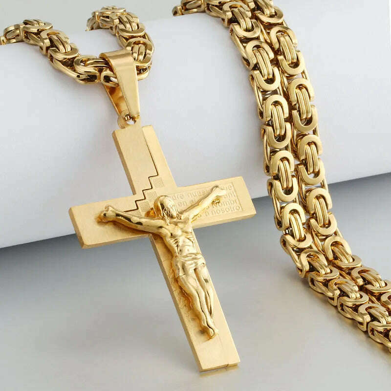 KIMLUD, Religious Men Stainless Steel Crucifix Cross Pendant Necklace Heavy Byzantine Chain Necklaces Jesus Christ Holy Jewelry Gifts, K-Gold Color / 60cm, KIMLUD APPAREL - Womens Clothes