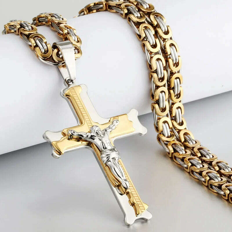 KIMLUD, Religious Men Stainless Steel Crucifix Cross Pendant Necklace Heavy Byzantine Chain Necklaces Jesus Christ Holy Jewelry Gifts, B-Gold Silver Tone / 60cm, KIMLUD APPAREL - Womens Clothes