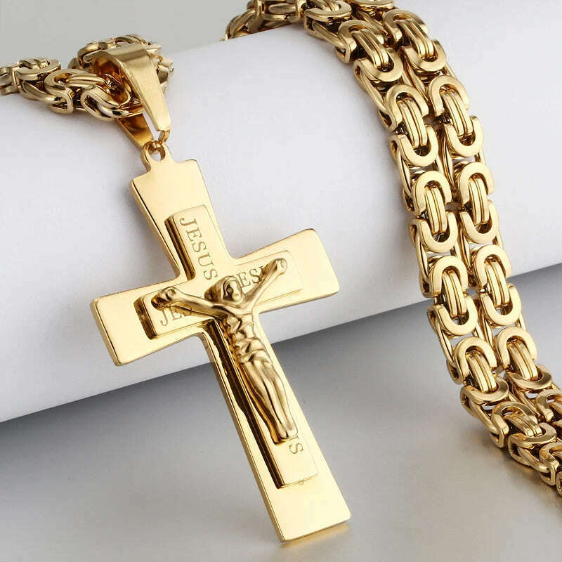 KIMLUD, Religious Men Stainless Steel Crucifix Cross Pendant Necklace Heavy Byzantine Chain Necklaces Jesus Christ Holy Jewelry Gifts, C-Gold Color / 60cm, KIMLUD APPAREL - Womens Clothes