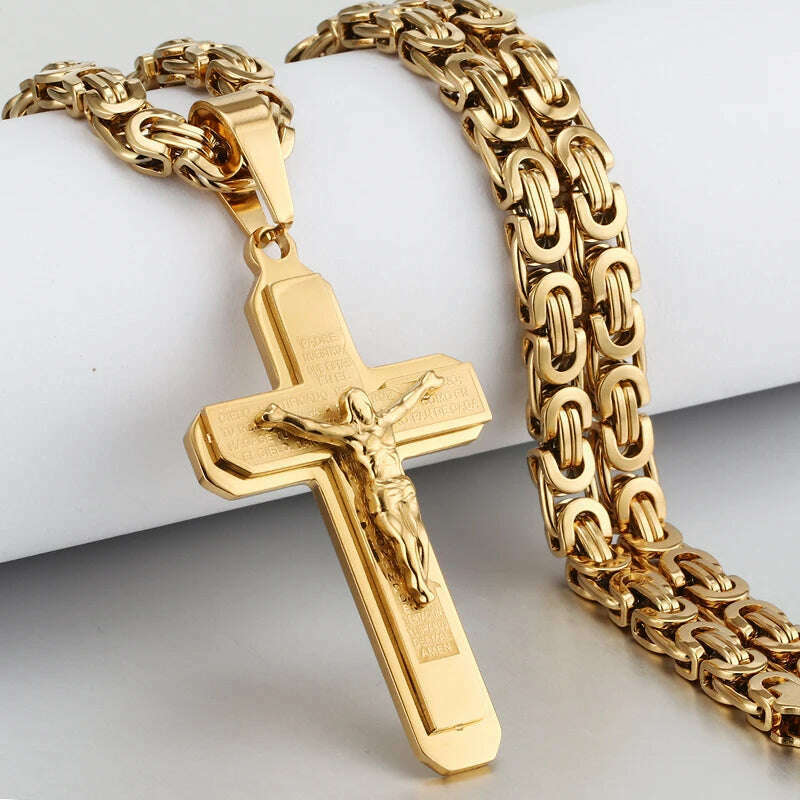 KIMLUD, Religious Men Stainless Steel Crucifix Cross Pendant Necklace Heavy Byzantine Chain Necklaces Jesus Christ Holy Jewelry Gifts, G-Gold Color / 60cm, KIMLUD APPAREL - Womens Clothes