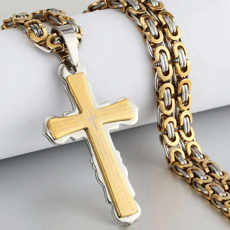 KIMLUD, Religious Men Stainless Steel Crucifix Cross Pendant Necklace Heavy Byzantine Chain Necklaces Jesus Christ Holy Jewelry Gifts, J-Gold Silver Color / 60cm, KIMLUD APPAREL - Womens Clothes