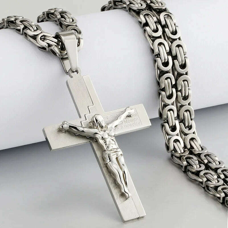 KIMLUD, Religious Men Stainless Steel Crucifix Cross Pendant Necklace Heavy Byzantine Chain Necklaces Jesus Christ Holy Jewelry Gifts, K-Silver Color / 60cm, KIMLUD APPAREL - Womens Clothes