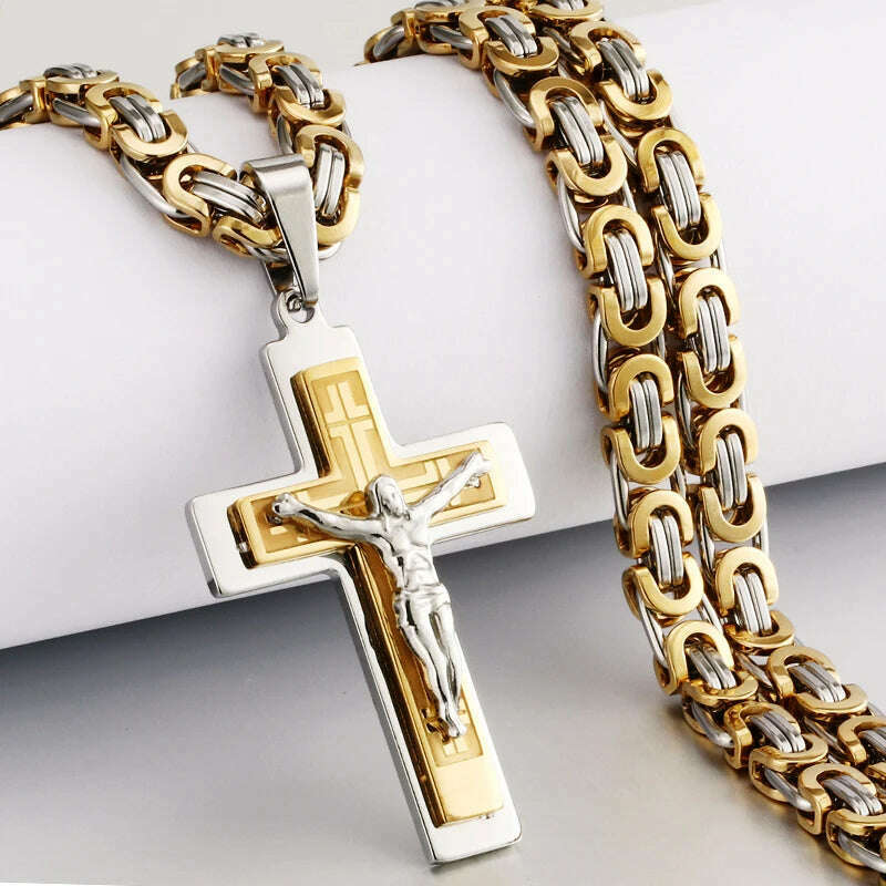 KIMLUD, Religious Men Stainless Steel Crucifix Cross Pendant Necklace Heavy Byzantine Chain Necklaces Jesus Christ Holy Jewelry Gifts, Gold Silver Tone / 60cm, KIMLUD APPAREL - Womens Clothes