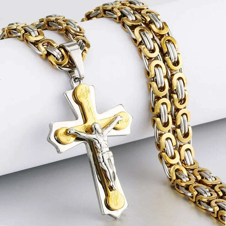 KIMLUD, Religious Men Stainless Steel Crucifix Cross Pendant Necklace Heavy Byzantine Chain Necklaces Jesus Christ Holy Jewelry Gifts, E-Gold Silver Tone / 60cm, KIMLUD APPAREL - Womens Clothes